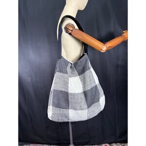 Large Handmade Hobo Bag Black & White Buffalo Plaid Purse Leather Strap Pocket